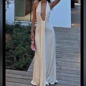 SHEIN Cream Backless Halter Dress